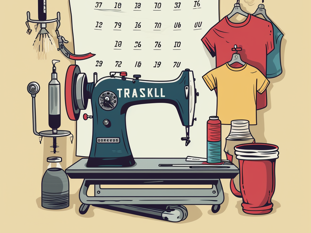 A checklist with t-shirt icons, sewing machines, and a factory.