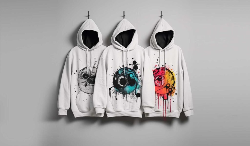 Dual visuals of a trendy hoodie design and its manufacturing setting.