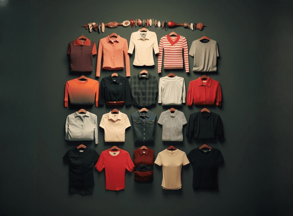 A collage of T-Shirts, Blouses, Polo Shirts, and Sweaters.