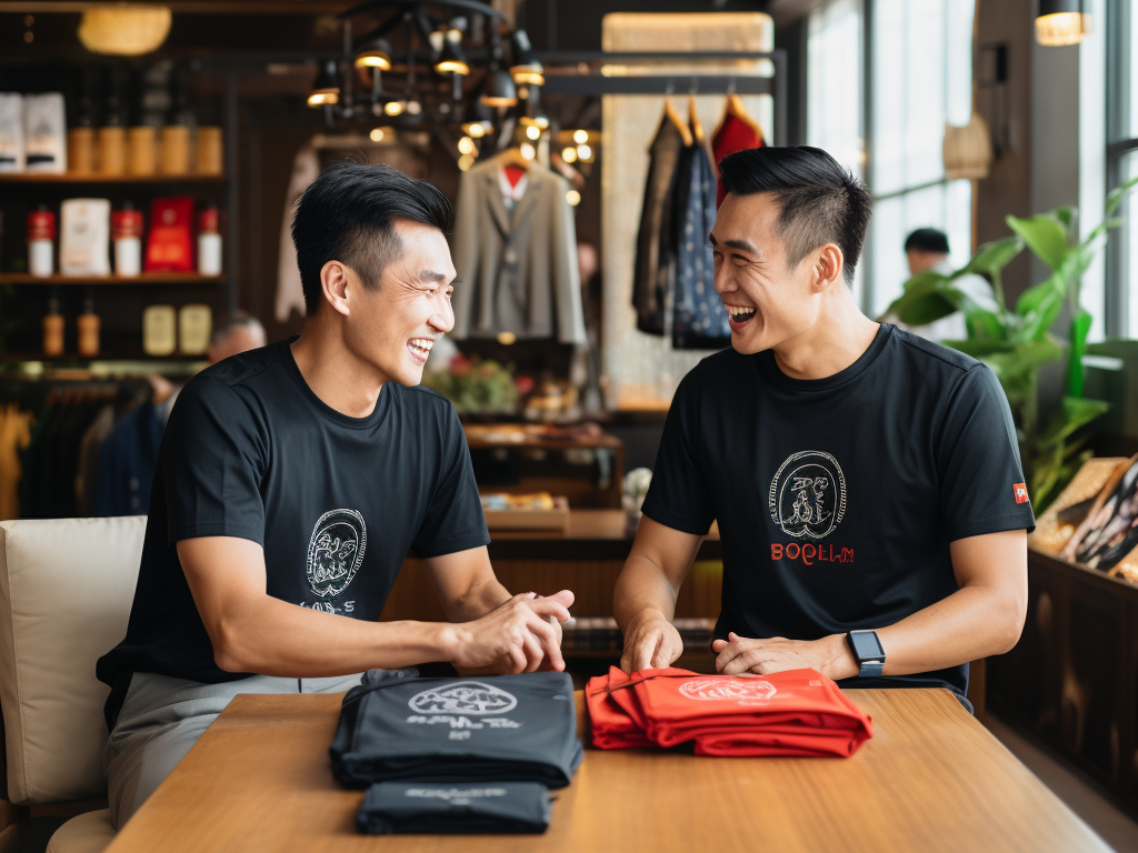 A photo of a meeting between a t-shirt brand representative and a representative from a Chinese t-shirt supplier. They are engaged in a friendly discussion, highlighting the importance of building a rapport and establishing clear communication channels with the supplier.