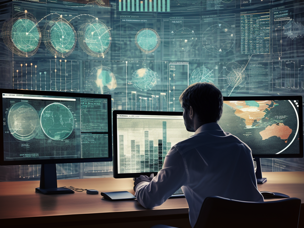 An image of a person conducting thorough research, with a focus on a computer screen displaying competitive analysis, market rates, and industry standards. This image highlights the importance of research before negotiations and emphasizes the need to understand the supplier's strengths and weaknesses. 
