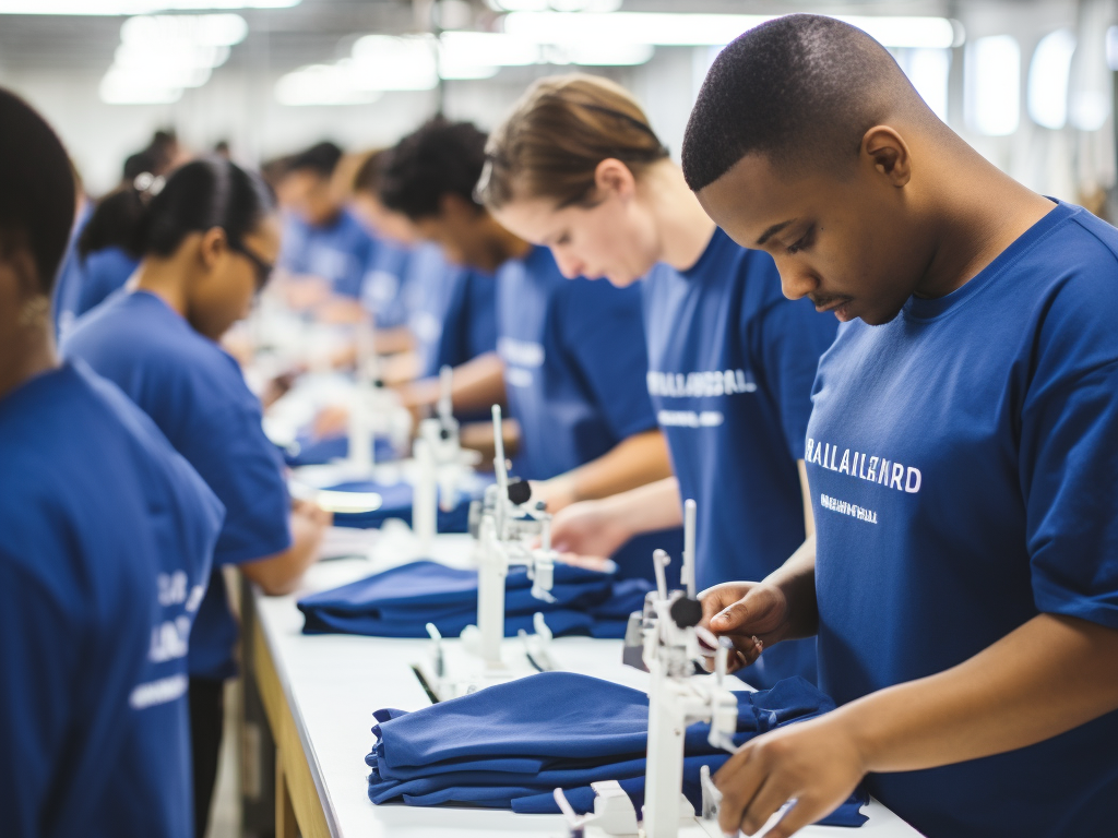 An image showcasing the meticulous quality control process at Company B's manufacturing facility. It depicts workers inspecting t-shirts for quality, emphasizing the company's commitment to delivering products that meet the highest standards. 