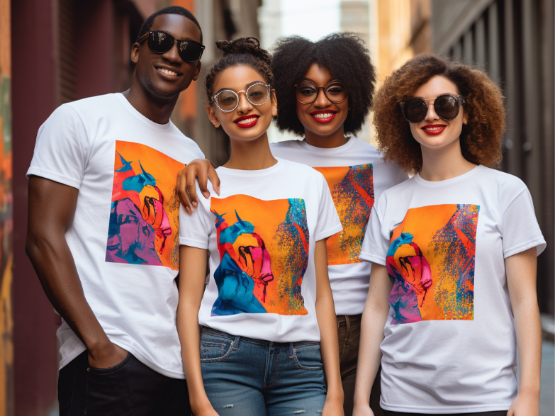 A split image, with one side showing a plain white t-shirt and the other side displaying the same t-shirt transformed with a colorful, intricate design.