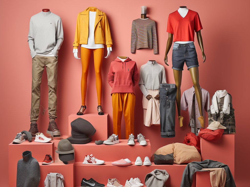A vibrant and diverse collection of clothing items, neatly arranged to showcase the variety in garment types. On the left, casual wear like T-shirts and jeans are folded neatly, while the center displays elegant formal wear such as blazers and dresses. To the right, activewear like sports bras and leggings are laid out, and below them, a selection of undergarments, from bras to boxers, completes the ensemble. The entire layout gives a comprehensive visual representation of the multifaceted world of clothing.