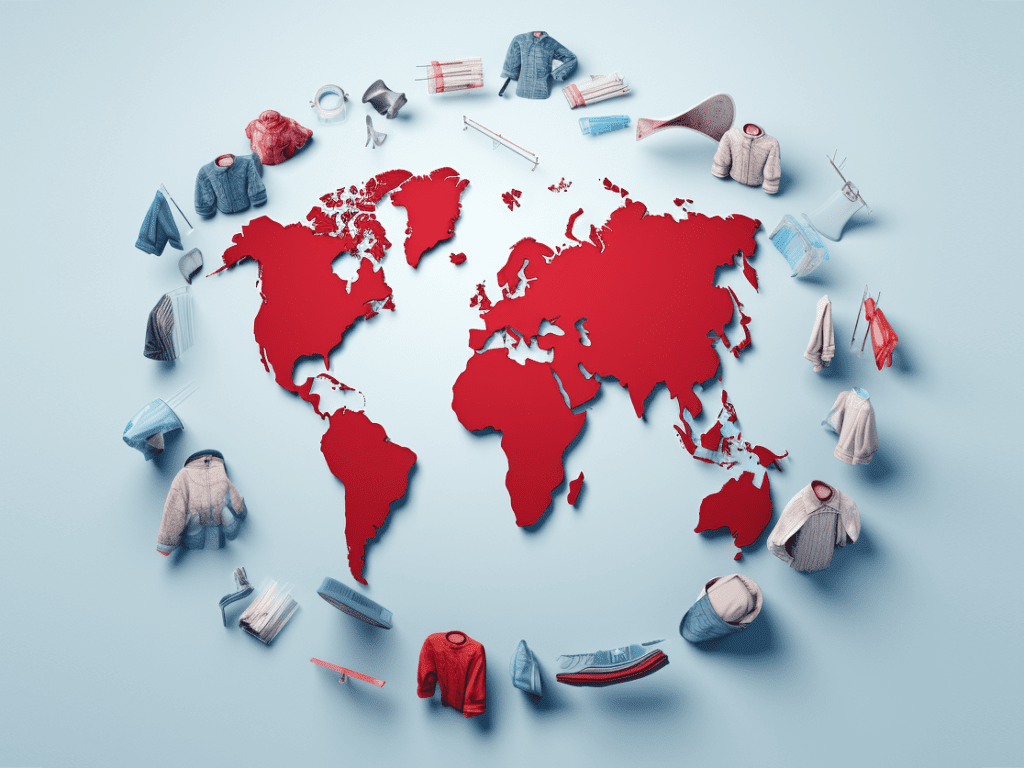 Global Manufacturing Hub: An image of a world map with China highlighted, symbolizing its role as a global manufacturing hub. Production Facilities: A photo showcasing modern and efficient t-shirt production facilities in China, highlighting the country's vast manufacturing capabilities. Supply Chain: An illustration representing a complex and extensive supply chain network, emphasizing China's ability to source materials and manage logistics effectively. Raw Materials: A collage of raw materials such as cotton bales, polyester rolls, and sustainable fabric options, showcasing the diversity of materials available from Chinese suppliers. Innovation: An image portraying innovation in textile manufacturing, perhaps featuring advanced machinery or cutting-edge production techniques used by Chinese suppliers. Efficiency: A time-lapse photo of workers in a Chinese factory, underlining the efficiency of manufacturing processes and quick turnaround times. Cost-Effectiveness: An image illustrating cost-effectiveness, possibly showing a comparison of t-shirt prices from Chinese suppliers versus other regions, emphasizing competitive pricing. Quality Assurance: A quality control inspector examining t-shirts for quality, reflecting China's commitment to maintaining high-quality standards. Profit Margins: A visual representation of profit margins increasing due to cost-effective sourcing from China. Global Business: A graphic showing t-shirts being shipped worldwide from China, emphasizing the global reach and export capabilities of Chinese suppliers.