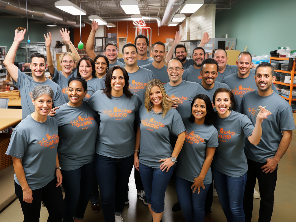Image Description: The image accompanying the success stories of businesses and individuals who have used the manufacturer's services features two distinct illustrations that highlight the positive impact of customized t-shirts on these success stories. Business Success Story - John: The left portion of the image illustrates John, the small business owner, along with his team of employees wearing customized company-branded t-shirts. The t-shirts feature the company logo and design, creating a sense of unity among the employees. John is depicted as a content and proud business owner, smiling as he observes his team wearing the branded t-shirts. The image conveys a sense of workplace camaraderie and brand visibility as employees proudly wear their t-shirts both in and outside of work. Individual Success Story - Sarah: The right portion of the image showcases Sarah, the artist, surrounded by her vibrant and creative artwork. She is holding one of her customized t-shirts that prominently displays her unique design. Sarah's happy and confident expression reflects her success as an artist who has been able to offer her fans a way to support her work through customized t-shirts. The image portrays the personal connection between Sarah and her fans as they wear her artwork, creating a sense of community and brand loyalty.