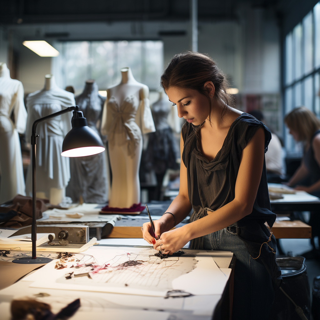 An elegant display at the Modaknits Apparel workshop features a variety of fabrics and materials. Samples of different textures like smooth cotton, rich leather, and delicate silks are neatly arrayed on a wooden table, each labeled with its source and quality grade. A magnifying glass rests atop a fabric, emphasizing the attention to detail and quality. Sunlight filters through the window, casting a warm glow over the materials, highlighting their premium nature.