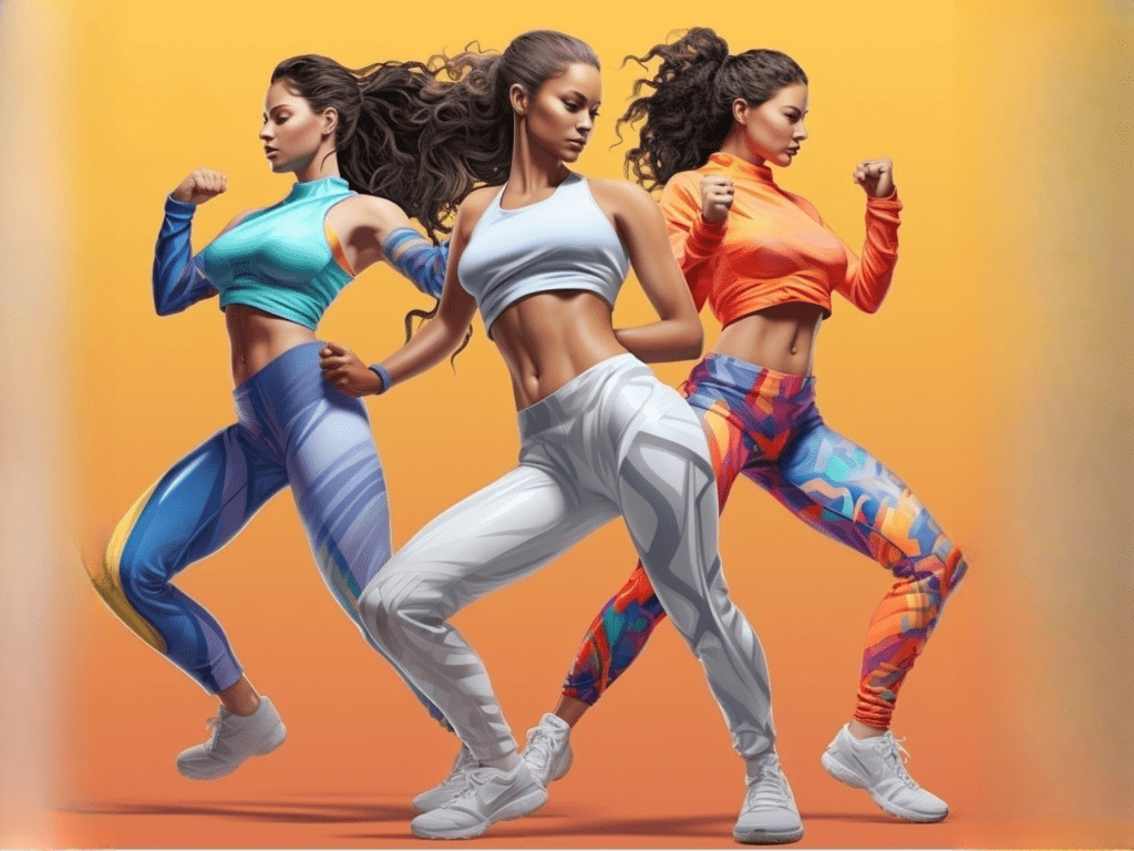 Generate an image of athletes in action, wearing Tracksuits, Leggings, and Sport Bras.

