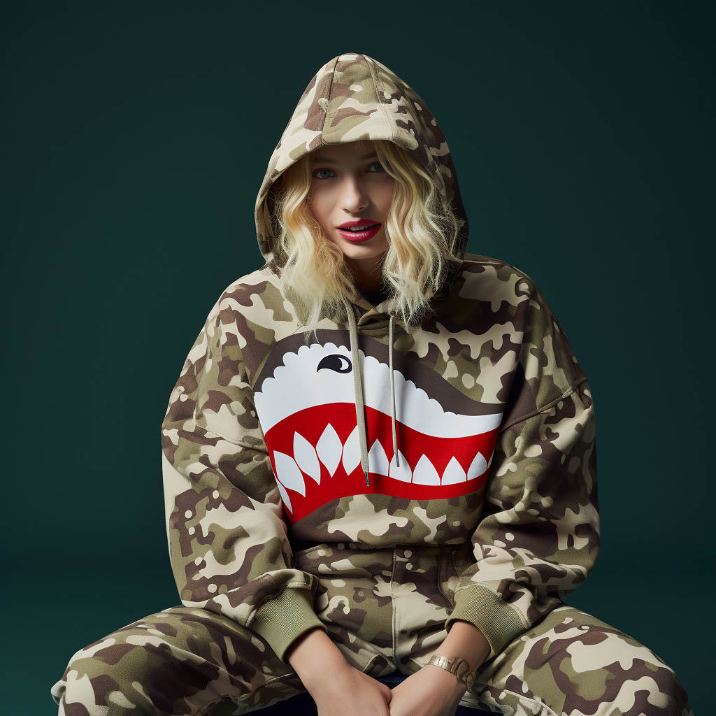 A woman is playing in a shark camouflage bape hoodie