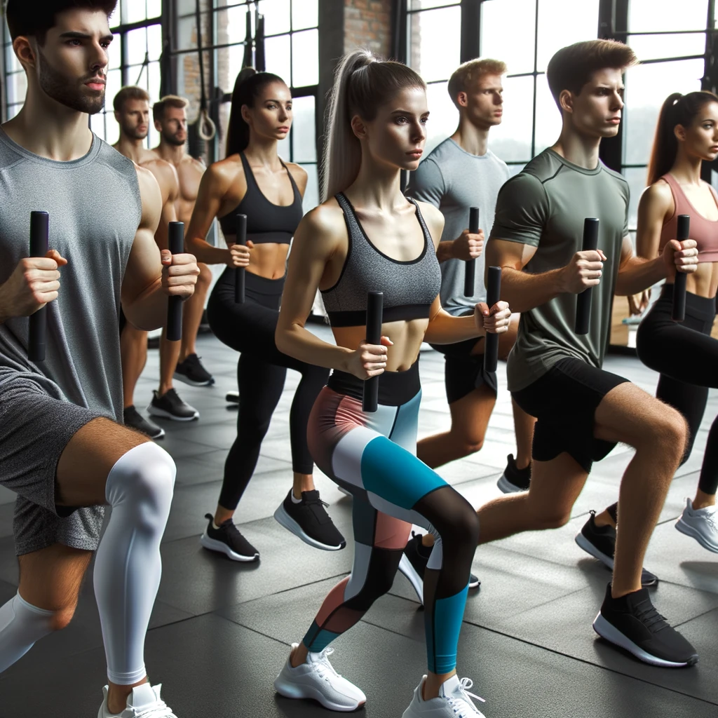 Photo of a diverse group of athletes in a gym setting, each engaged in different exercises. They are all wearing activewear, showcasing its suitability for various types of physical activities.
