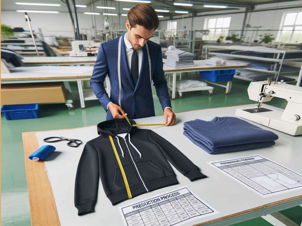 Photo of a professional-looking worker in a factory setting, using a measuring tape to measure the chest size of a hoodie on a clean table. Beside the hoodie, there's an A4-sized paper detailing the production process. The surrounding area is tidy and organized.