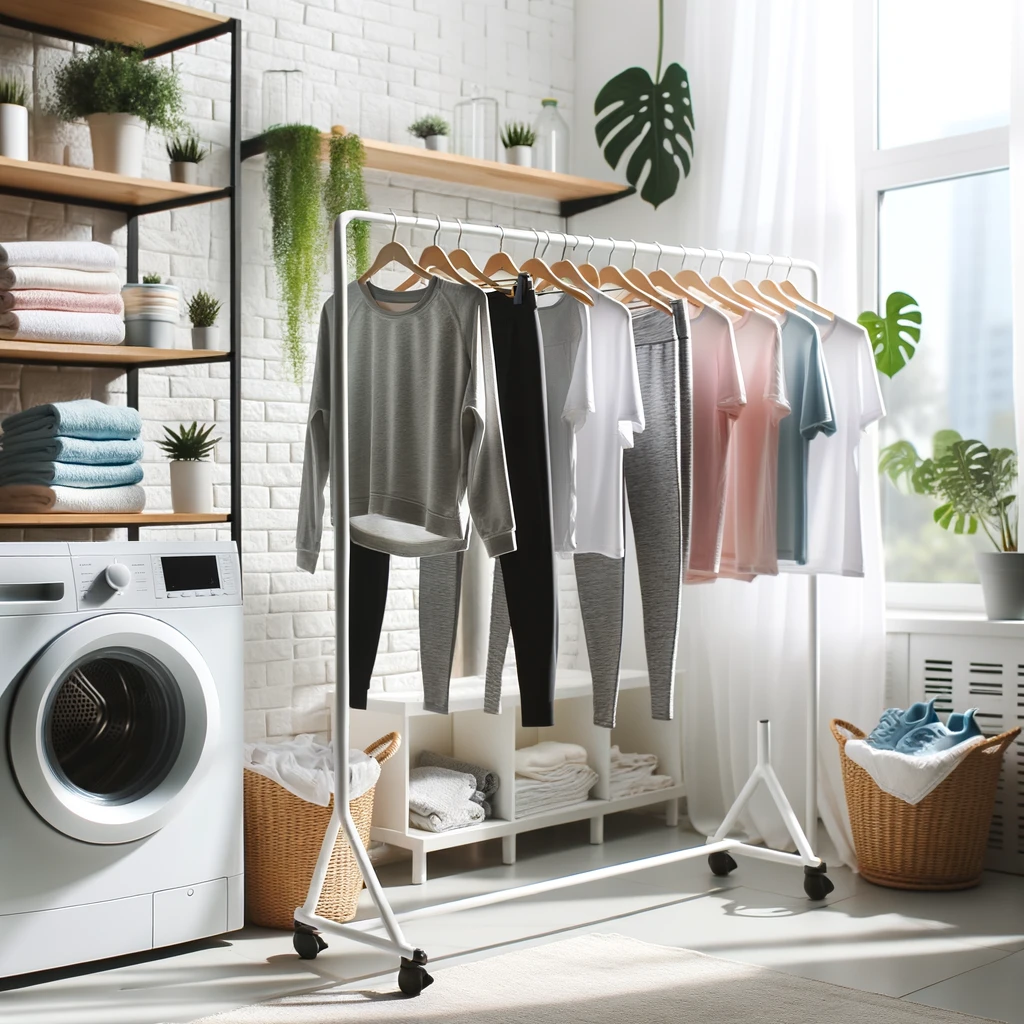 A photo of a bright laundry room setting with activewear neatly arranged on a drying rack, showcasing the benefits of air drying over machine drying.