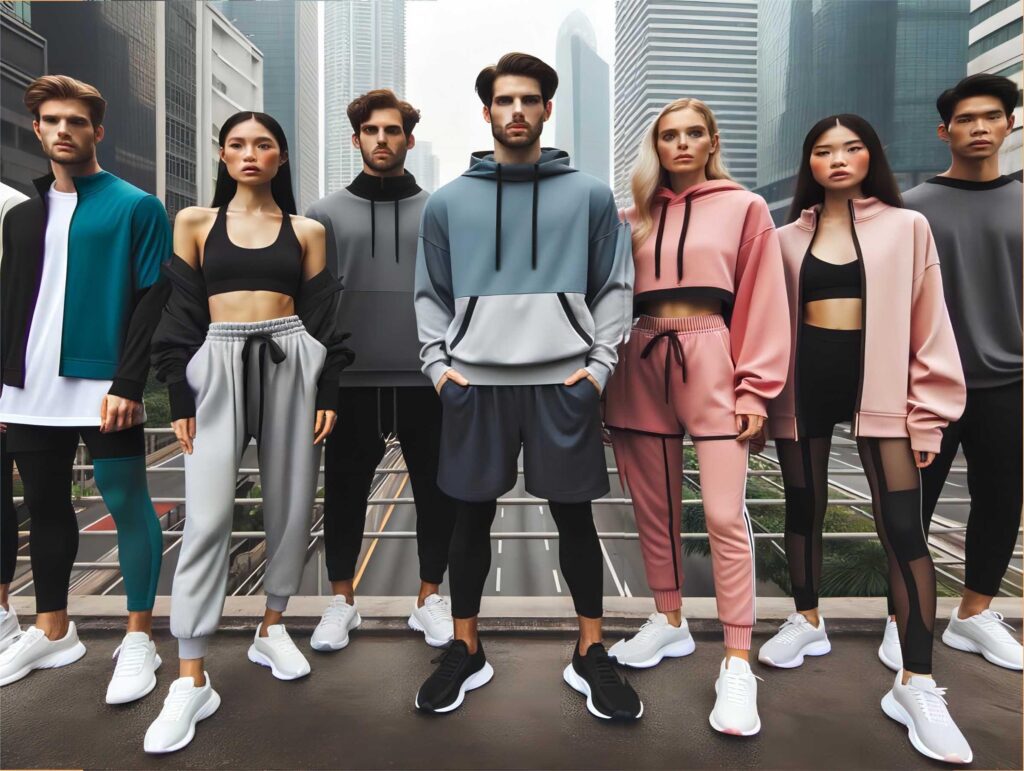 Photo of a diverse group of individuals in a city setting, each wearing trendy activewear outfits. Their clothing merges style and functionality, representing the fashion-forward and 'athleisure' trends in activewear.