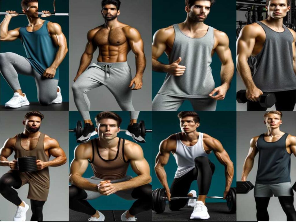 Photo of a diverse group of men, each engaged in different workouts - from weightlifting to cardio exercises. All are outfitted in the Guys Activewear, highlighting the range's versatility and adaptability to various athletic needs.
