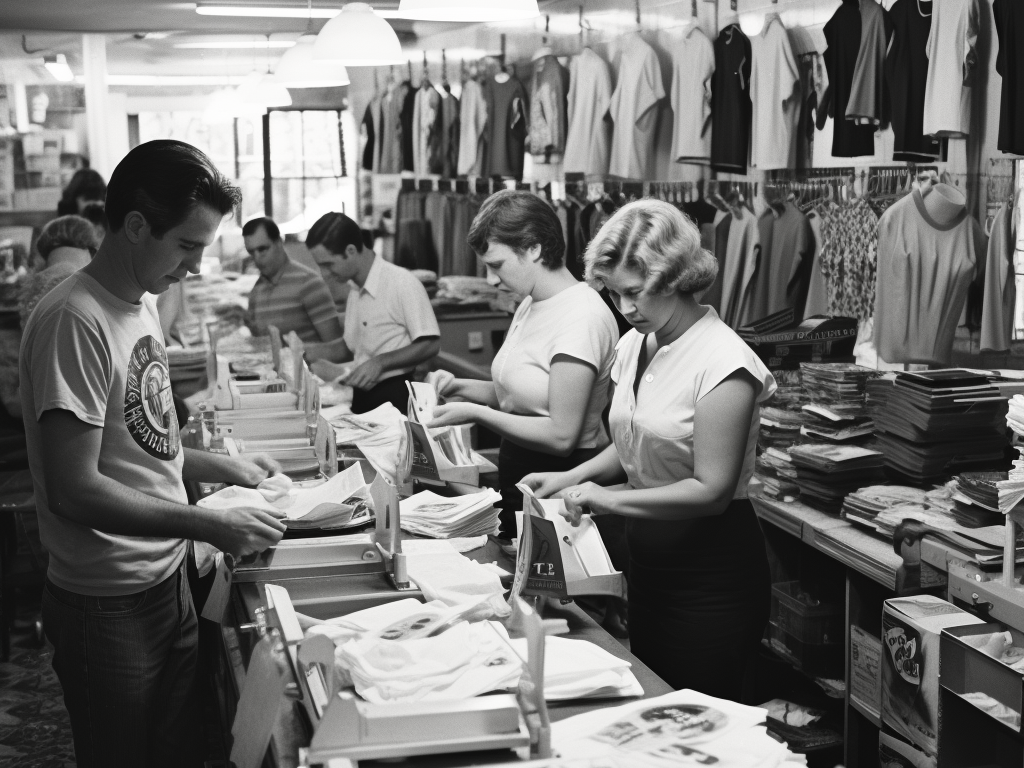 A black and white vintage photograph captures the bustling atmosphere of Ocean City's very first T-Shirt Factory in the 1970s. Tourists, dressed in the characteristic fashion of the era, eagerly browse the rows of freshly printed tees, while a store owner behind the counter showcases a design with evident pride. Surrounding the shop, signs of a bygone era – vintage cars, classic billboards, and old street lamps – paint a nostalgic picture of the early days of a cultural movement that would come to define Ocean City for decades to come.