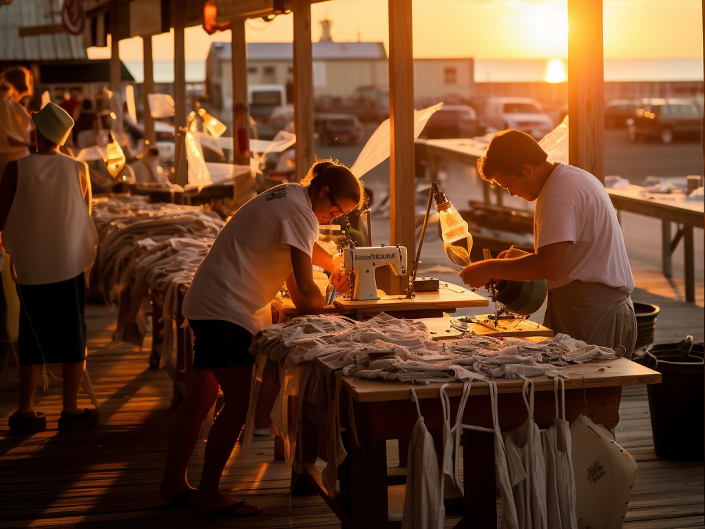 A bustling T-Shirt Factory in Ocean City, Maryland, bathed in the golden glow of a setting sun. Vacationers and locals alike browse through rows of unique, hand-crafted t-shirts, each telling a story of the coastal town's charm. Amid the sounds of the nearby waves, a craftsman meticulously customizes a shirt, capturing the essence of a traveler's cherished memory. The ambiance is filled with laughter, creativity, and the unmistakable aura of Ocean City's beachside allure. 