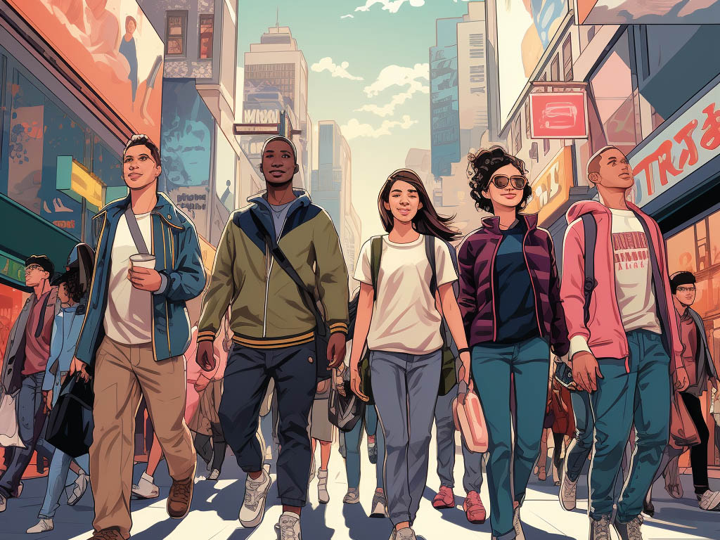 A bustling city street is depicted, filled with people of various ages and backgrounds.