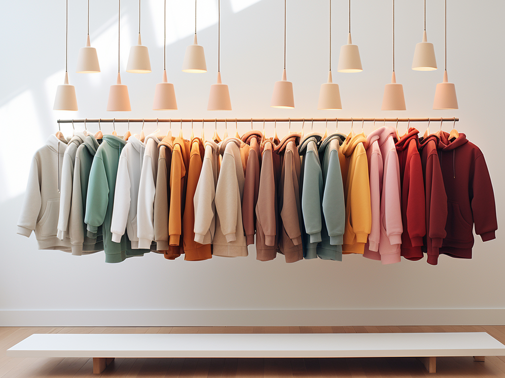 A chic display features several custom hoodies draped on minimalist hangers against a soft-lit backdrop. Each hoodie, though following a trending design pattern, bears distinctive touches: from quirky patches to innovative color gradients. This collection seamlessly melds popular trends with personal flairs, emphasizing the allure of crafting one's fashion narrative