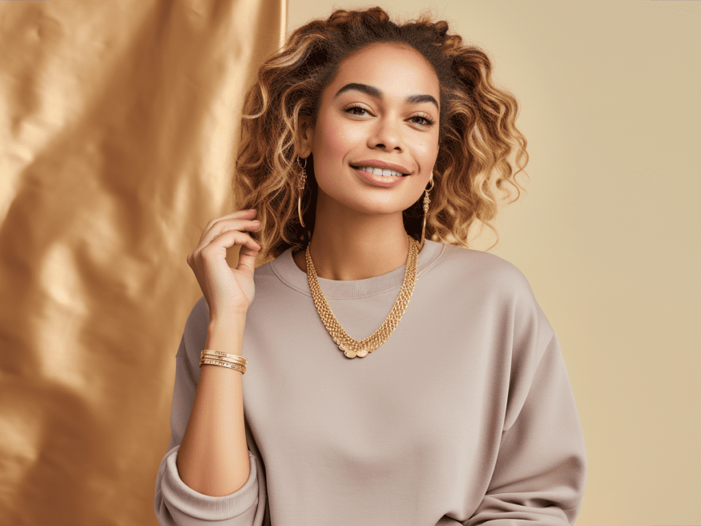 A chic woman stands against a minimalistic backdrop, highlighting her attire and accessories. She's dressed in a muted-colored sweatshirt set, creating a seamless canvas for her accessories. Dangling from her ears are bold gold statement earrings that draw immediate attention. Resting against the soft fabric of her sweatshirt is a chunky, vibrant necklace, adding a brilliant pop of color and texture to her ensemble. On one wrist, she sports a collection of stacked bracelets, varying in style and size but complementing each other beautifully. Her other hand holds a simple, yet elegant, ring. The accessories transform the basic sweatshirt set into a stylish, attention-grabbing outfit, showcasing the power of accessorizing even the simplest of looks.