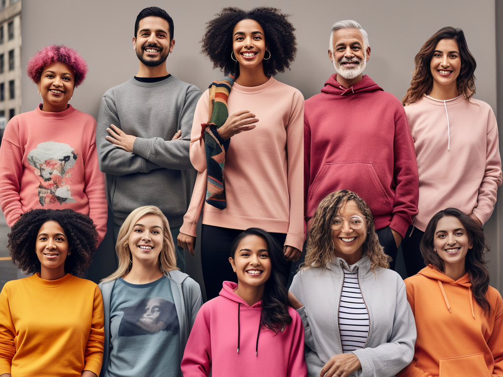 A collage of diverse individuals of various ages, ethnicities, and body types confidently flaunting their sweatshirt sets. Some are depicted in casual settings like parks and coffee shops, while others are captured in more glamorous settings, perhaps rooftop bars or upscale events. Each person exudes confidence and comfort. The collage reflects a spectrum of styles from classic monochrome sets to vibrant patterns. In the bottom corner, a quote bubble pops up, reading "Comfort Meets Style." Soft sunlight filters through the images, symbolizing the bright and versatile nature of sweatshirt sets in daily fashion.