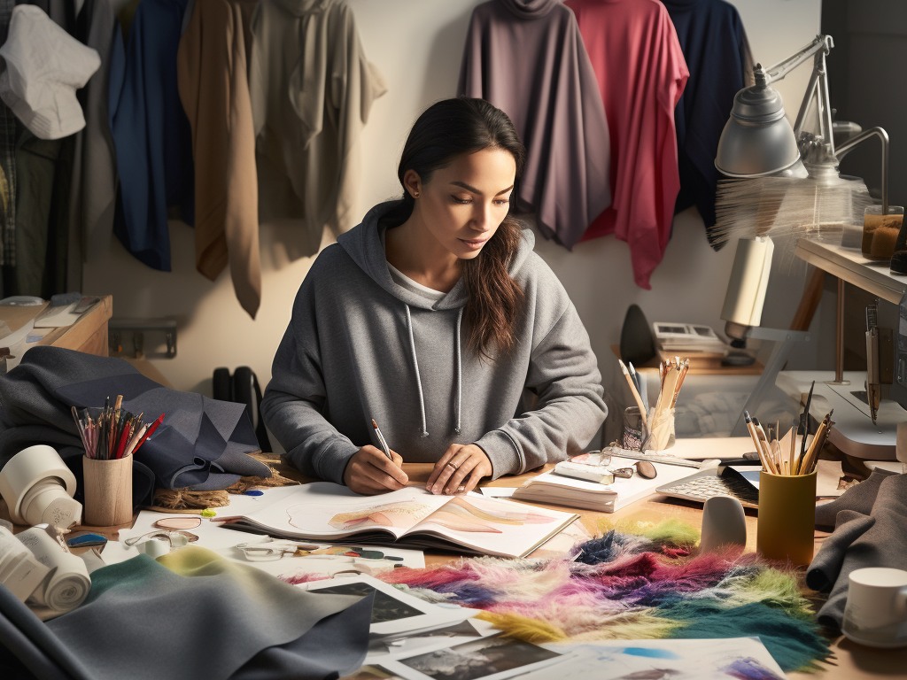 A focused designer sits at a spacious desk scattered with tools of the trade: fabric swatches, color palettes, design sketches, and a range of embellishments. An unfinished hoodie lies next to a digital tablet displaying design options. The scene captures the comprehensive journey of customization, emphasizing the importance of diverse choices in crafting a truly personal garment.