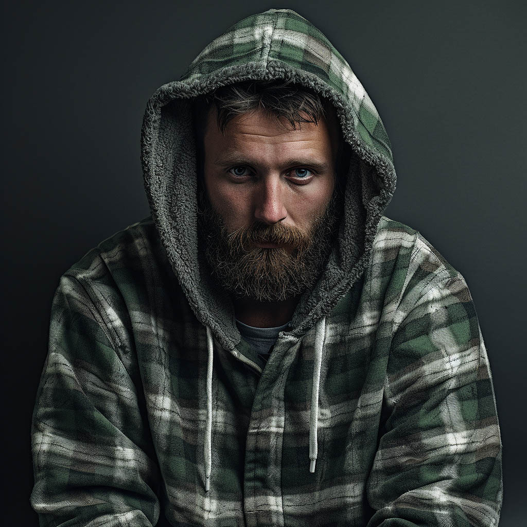 A man wearing a hoodie made of flannel fabric
