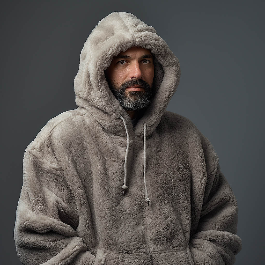 A man wearing a hoodie made of fleece fabric