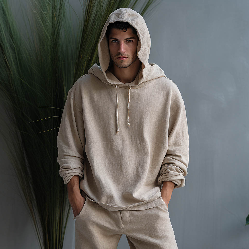 A man wearing a hoodie made of linen fabric
