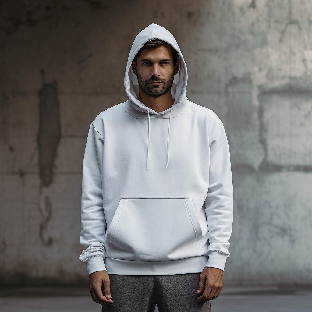 A man wears a hoodie made of cotton-polyester blend fabric