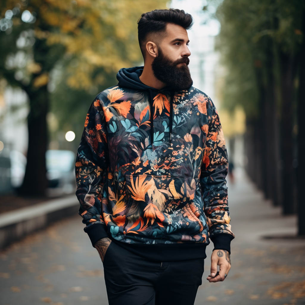A man wears a hoodie with unique design and high-quality fabric