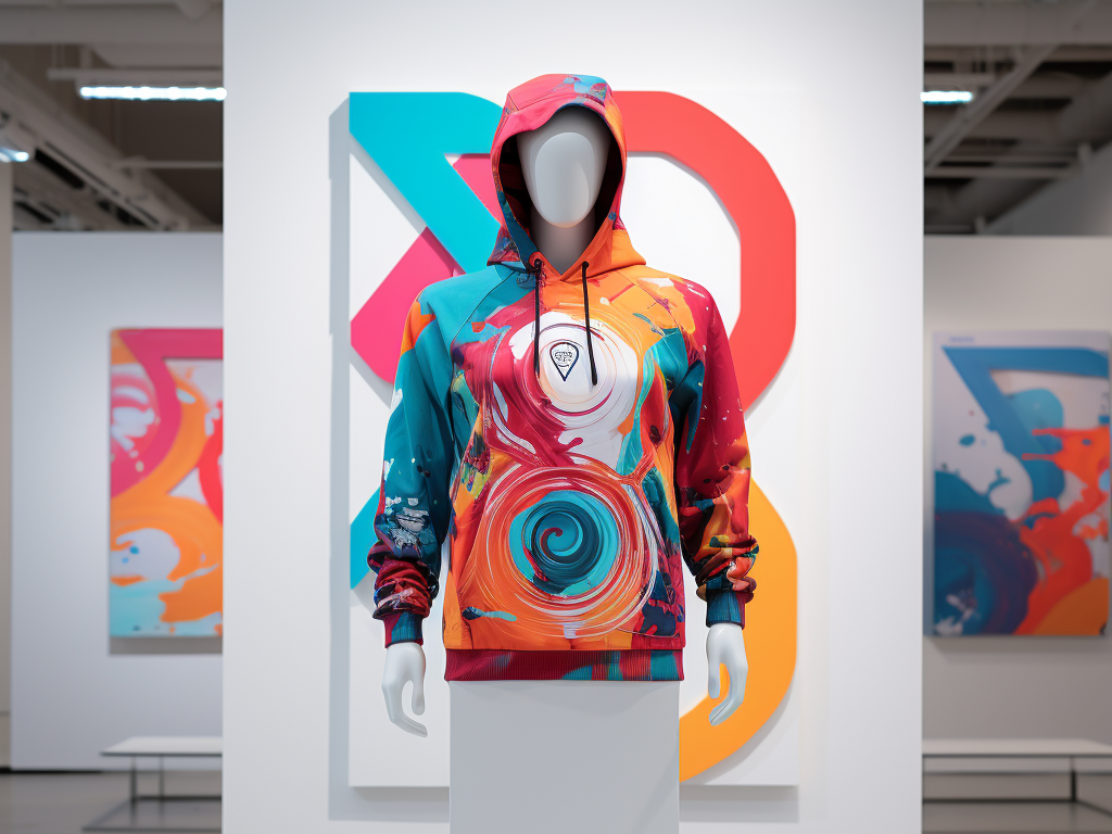 A mannequin dons a hoodie showcasing a vibrant graphic centered on the front. The design, being the focal point, is eye-catching and dominates the hoodie's canvas. Surrounding the mannequin are smaller images comparing the centered design with another hoodie that has a slightly off-center placement. Both designs are easily visible and demand attention, highlighting the effectiveness and versatility of front placement for hoodie designs. 