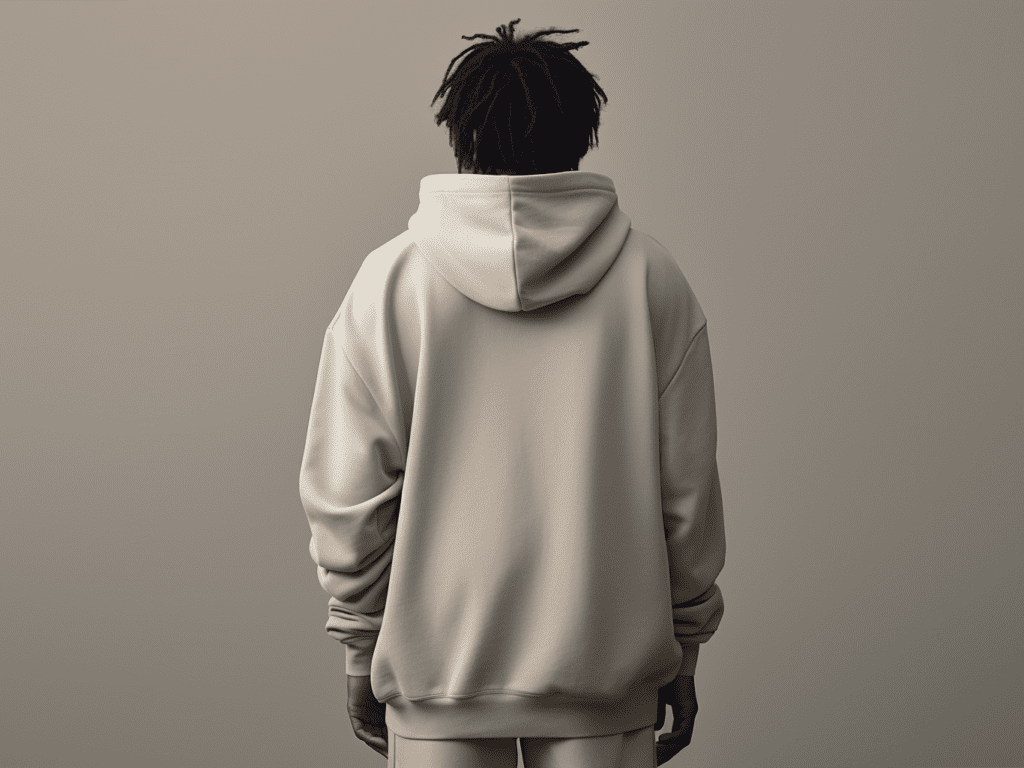 A model is showcased wearing a hoodie from Brand Y, with their back turned towards the camera. The hoodie features a discreet and refined design at the center of the back, embodying Brand Y's minimalist aesthetic. The neutral backdrop accentuates the hoodie's simplicity, emphasizing the brand's preference for understated elegance in their back placement designs.
