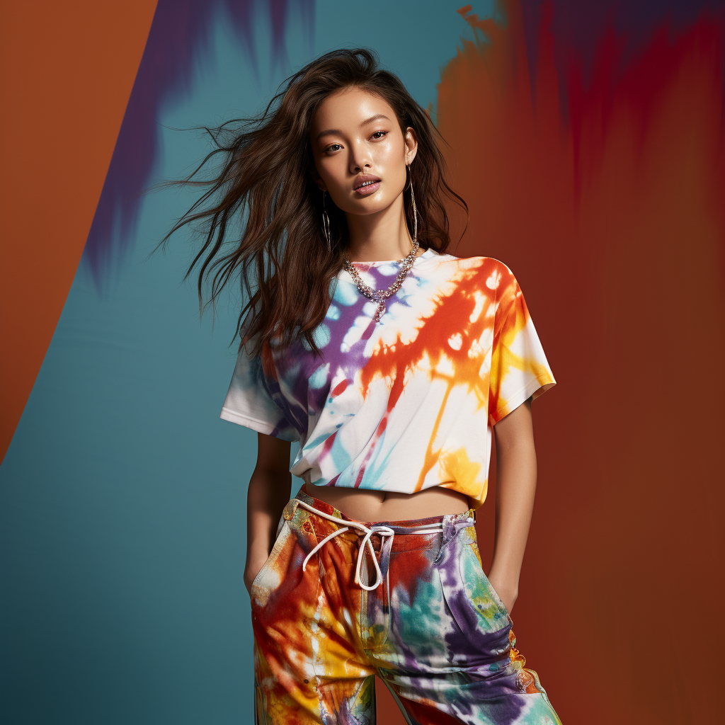 A model wears a tie-dye T-shirt with a xinying style to show her upper body