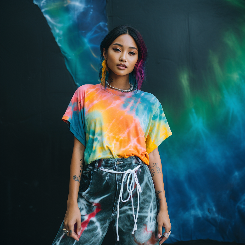A model wears a tie-dye T-shirt with a xinying style to show her upper body