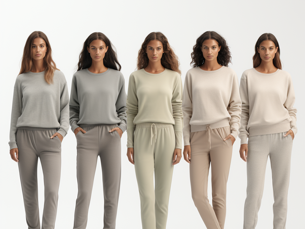 A montage of different sweatshirt sets showcases their variety, but the focal point is a model confidently standing in the middle, donning a classic heather gray sweatshirt and matching joggers. The sweatshirt fits relaxed on her torso, with a slight ribbing at the cuffs and hem. The joggers feature an adjustable drawstring waist, with tapered legs that gather slightly at the ankles. She pairs her outfit with clean white sneakers, emphasizing the casual yet put-together aesthetic. The background has a minimalist setting, ensuring the focus remains on the iconic sweatshirt set.