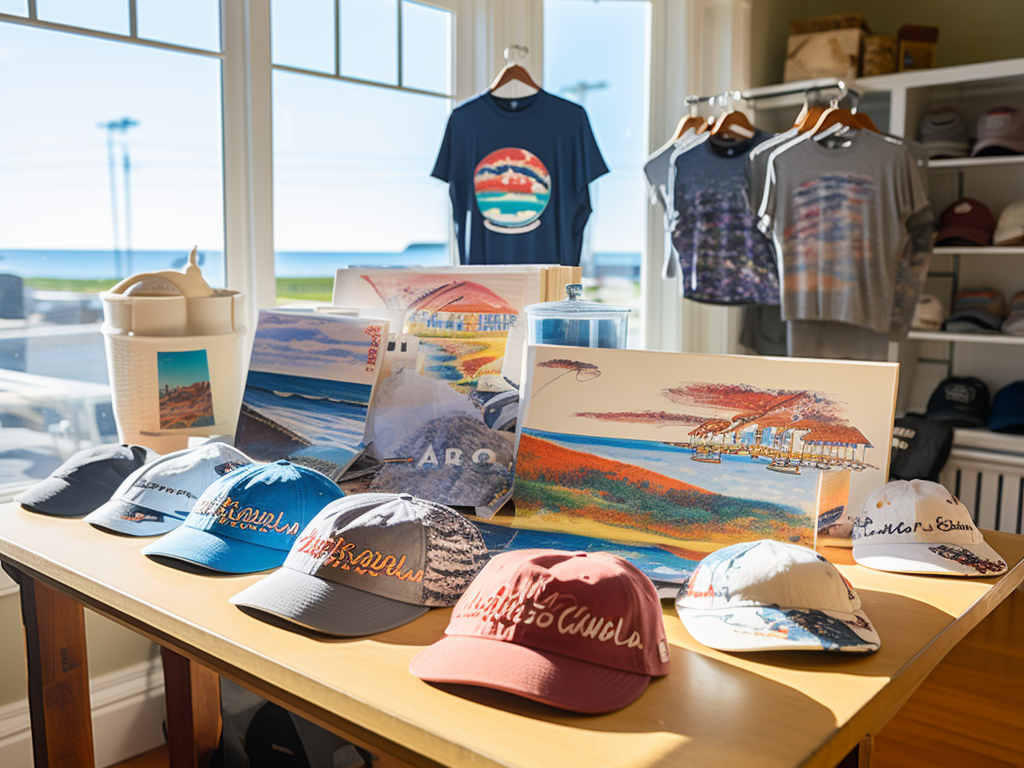 A neatly arranged display table features an array of hats and caps in various styles, colors, and designs, positioned prominently in a sunlit T-Shirt Factory shop. Among them, a baseball cap embroidered with a scenic Ocean City view sits next to a stylish bucket hat featuring playful beach graphics. Above the table, a hanging sign reads "Customizable Headwear." In the background, customers are seen browsing, one of them trying on a hat, reflecting the mirror on the side. The scene emphasizes the versatility and appeal of the headwear options available as alternative souvenirs.
