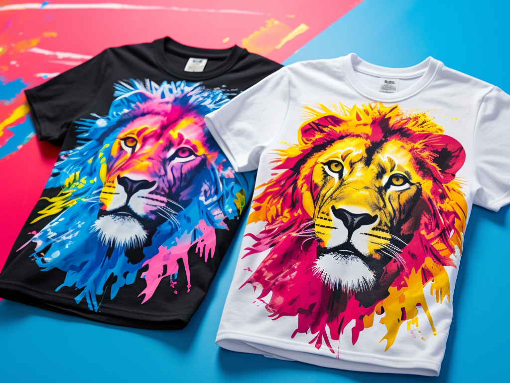 A side-by-side comparison displays two vibrant t-shirts showcasing the prowess of different printing techniques. On the left, a t-shirt radiates bold colors with a graphic of a stylized lion – the saturated hues and sharp edges are emblematic of screen printing. On the right, a t-shirt features a detailed, photorealistic image of a landscape at sunset, complete with intricate color gradients and subtle shades, epitomizing the capabilities of direct-to-garment printing. The juxtaposition illustrates the strengths and suitable applications of each method.