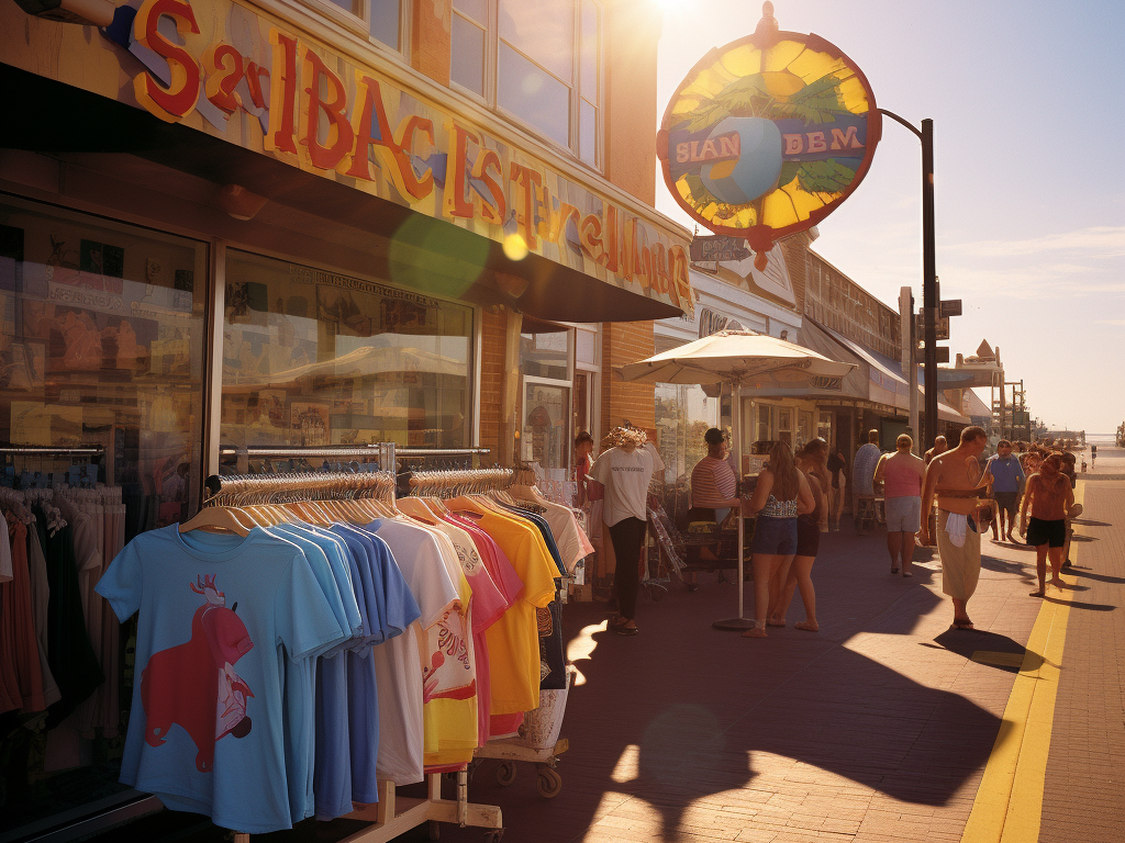A sunlit exterior shot showcases the popular "Beachside Creations" T-Shirt Factory shop in Ocean City. The vibrant storefront, adorned with colorful t-shirt displays, stands invitingly against the backdrop of the bustling boardwalk. Eager shoppers, some clutching freshly purchased tees, browse through outdoor racks filled with an array of designs, from sunsets to surfboards. The store's signature logo – a sun setting behind waves – hangs prominently above the entrance, symbolizing its beachside allure and its deep connection to Ocean City's coastal charm.