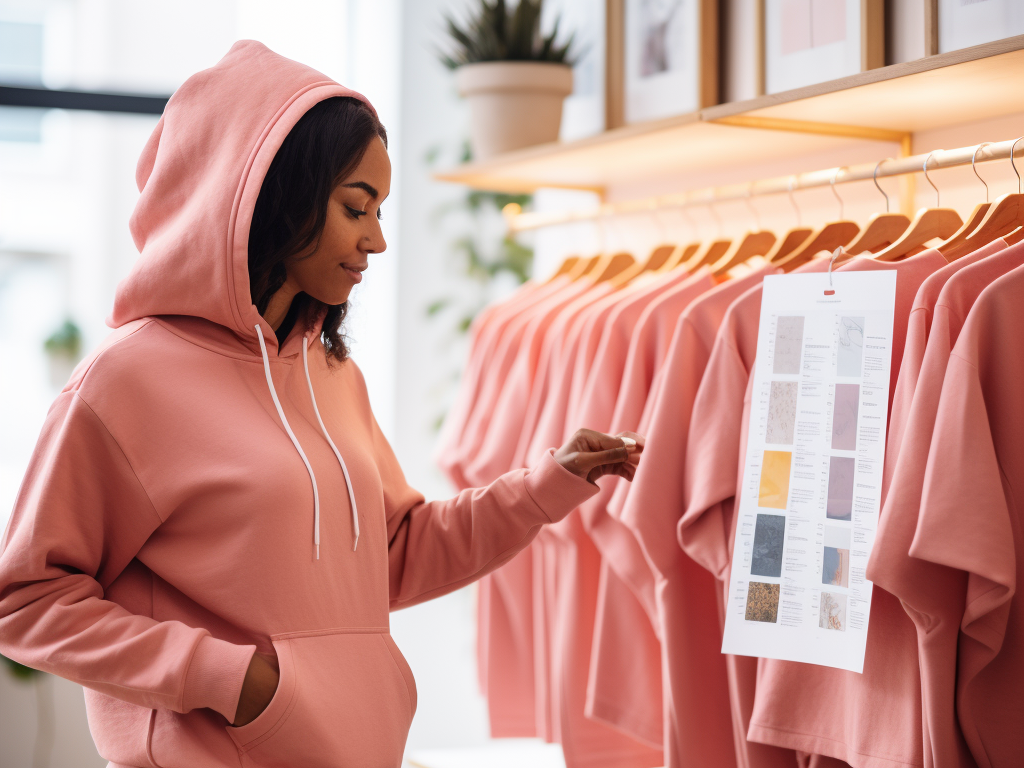 A tranquil setup in a cozy apparel shop: On a neatly folded display, a soft cotton hoodie sits prominently, its texture almost palpable. A nearby tag boasts its care instructions and an affordable price point. Behind, a customer, seemingly pleased, examines the hoodie, while a guide on the wall outlines the simple ordering process. The ambiance suggests comfort, value, and user-friendliness of cotton hoodies.