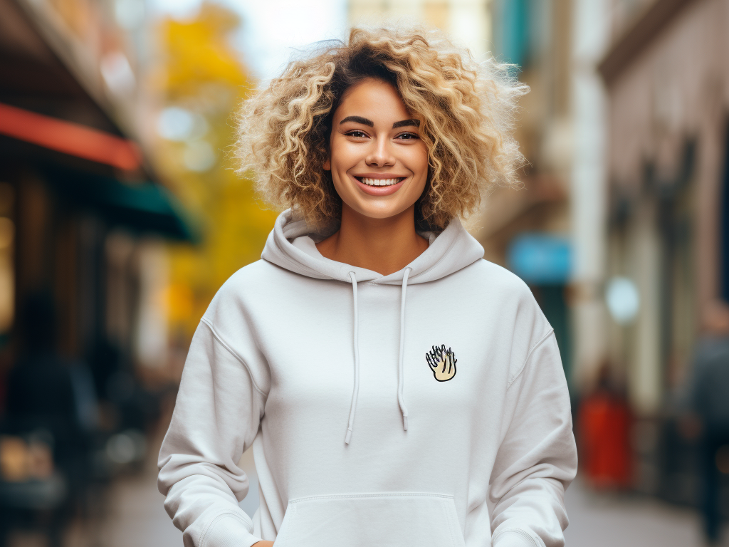 A woman is having fun wearing a brand or logo graphic hoodie
