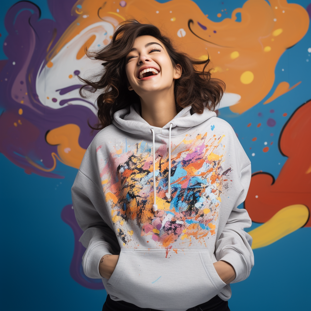A woman is having fun wearing a graphic hoodie of illustration or artwork