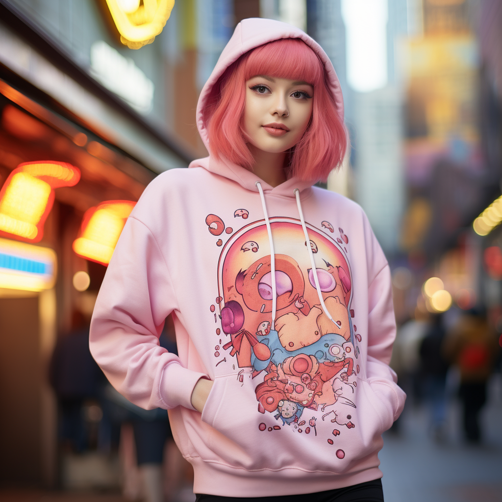 A woman is having fun wearing a hoodie with a graphic from anime or pop culture