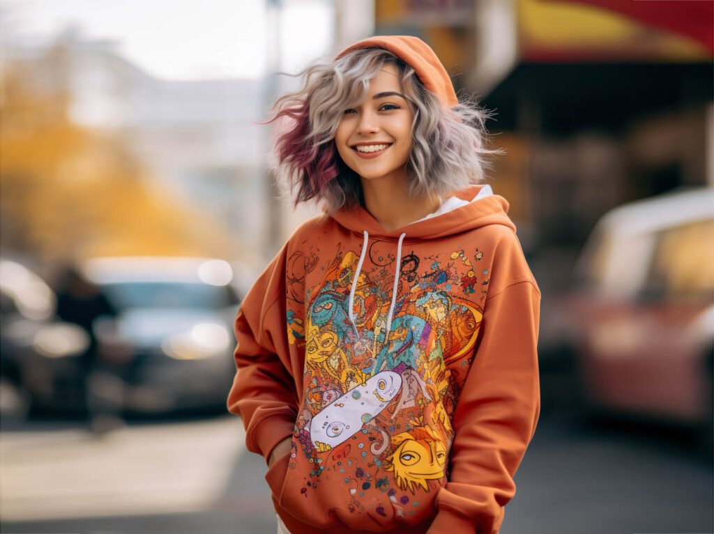 A woman is having fun wearing a hoodie with a graphic from anime or pop culture