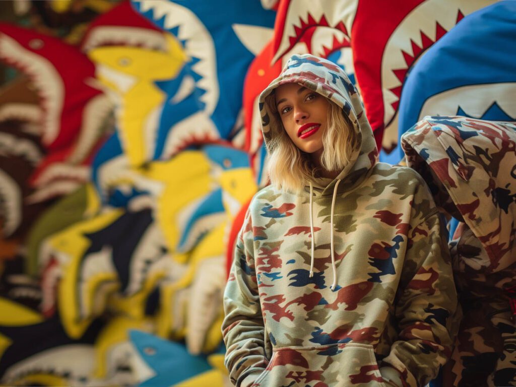 A woman is playing in a shark camouflage bape hoodie