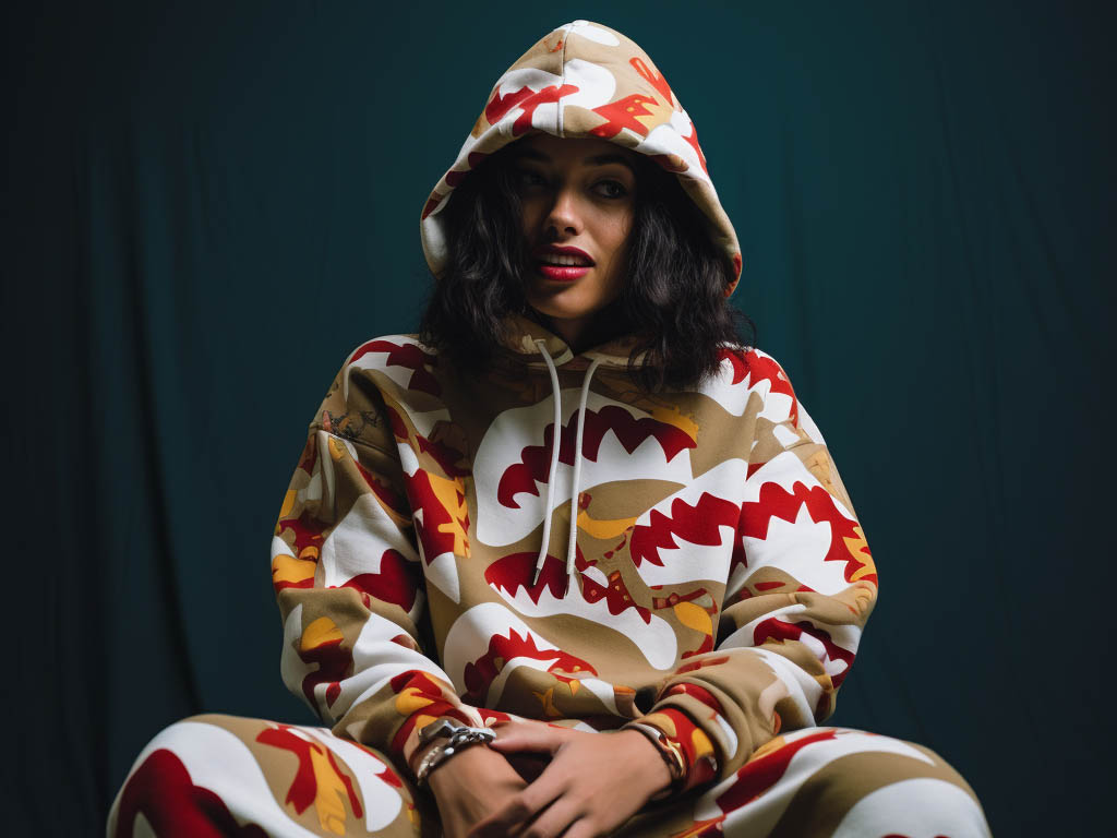 A woman is playing in a shark camouflage bape hoodie
