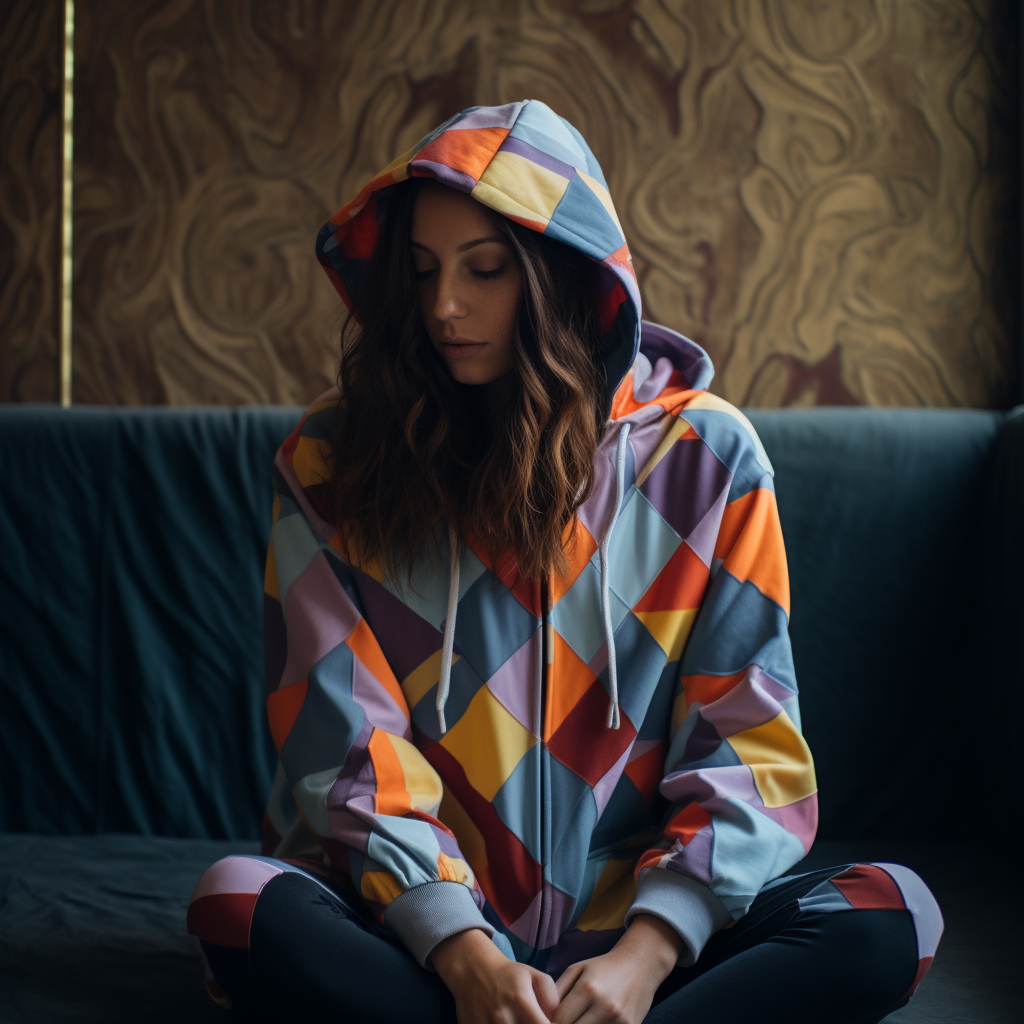 A woman is playing in a geometric patterned hoodie