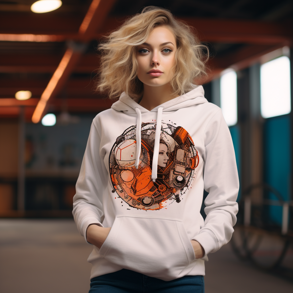 A woman is playing in a graphic hoodie