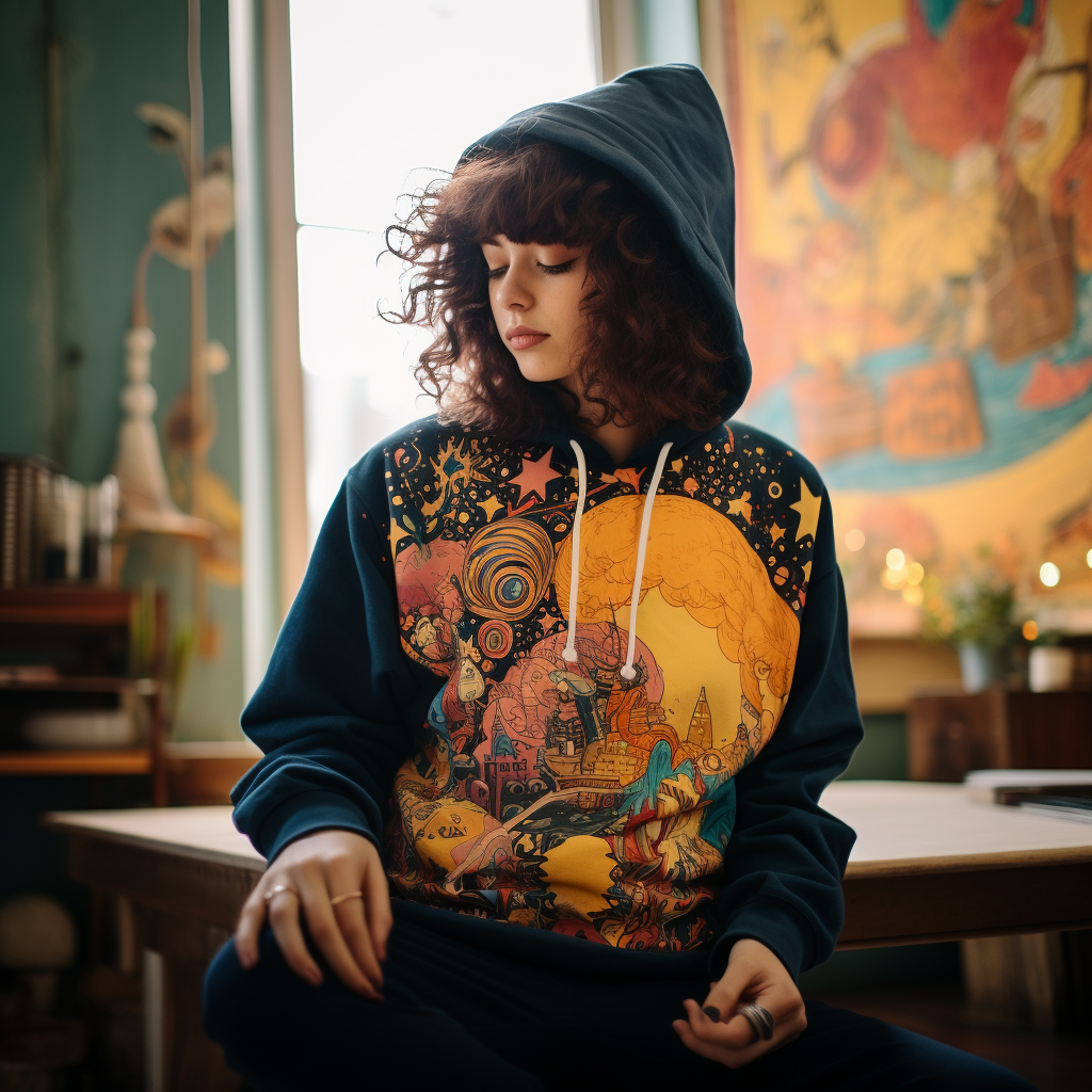 A woman is playing in a graphic hoodie
