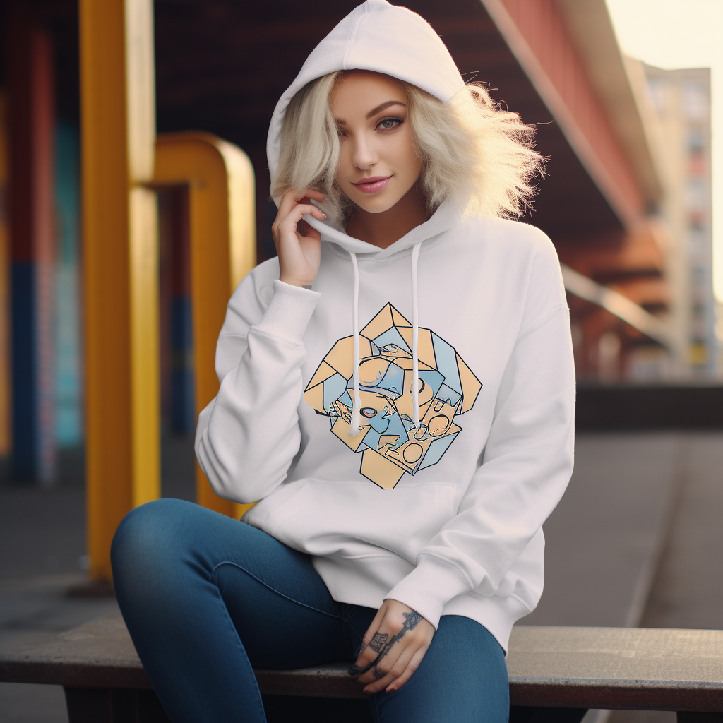 A woman is playing in a graphic hoodie
