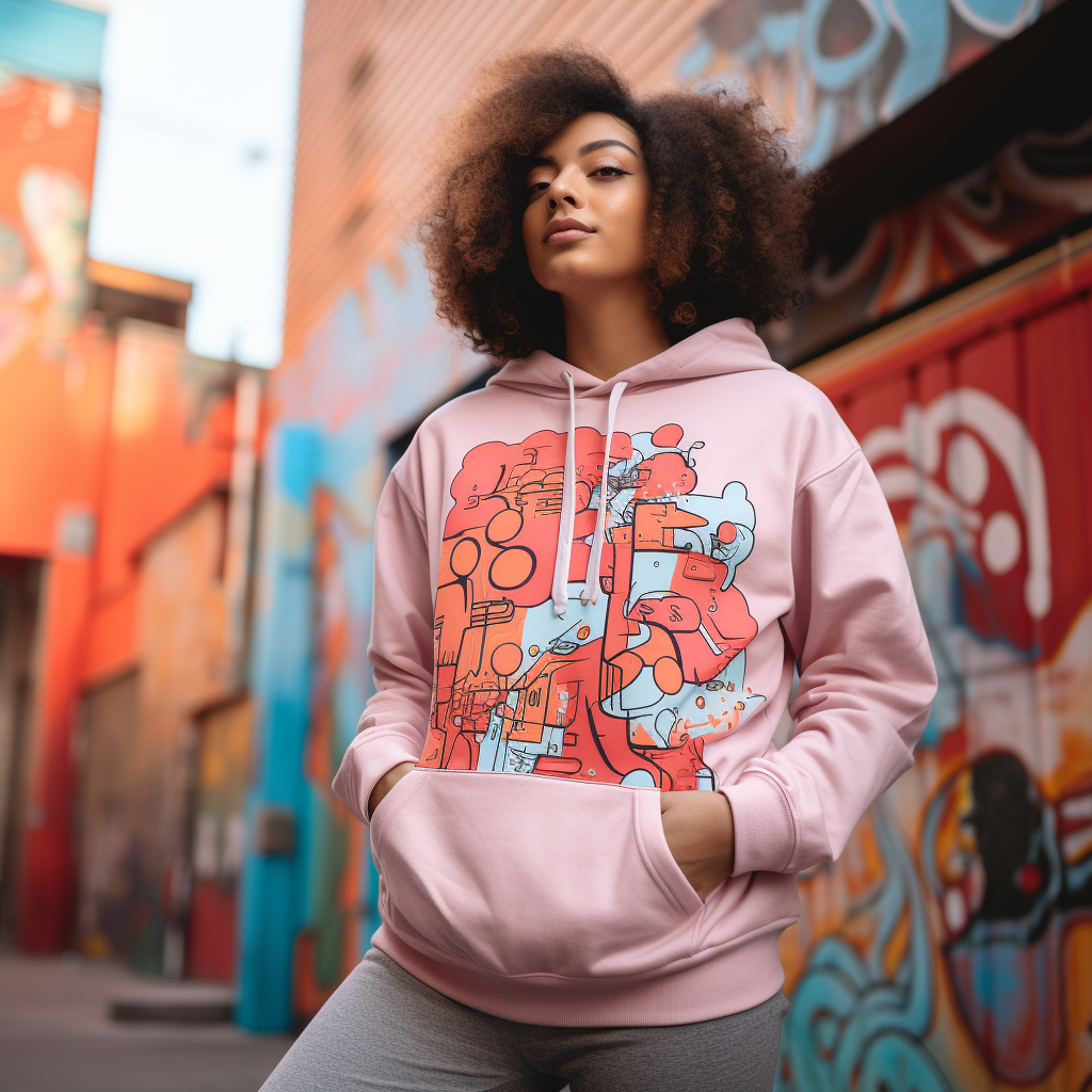 A woman is playing in a graphic hoodie
